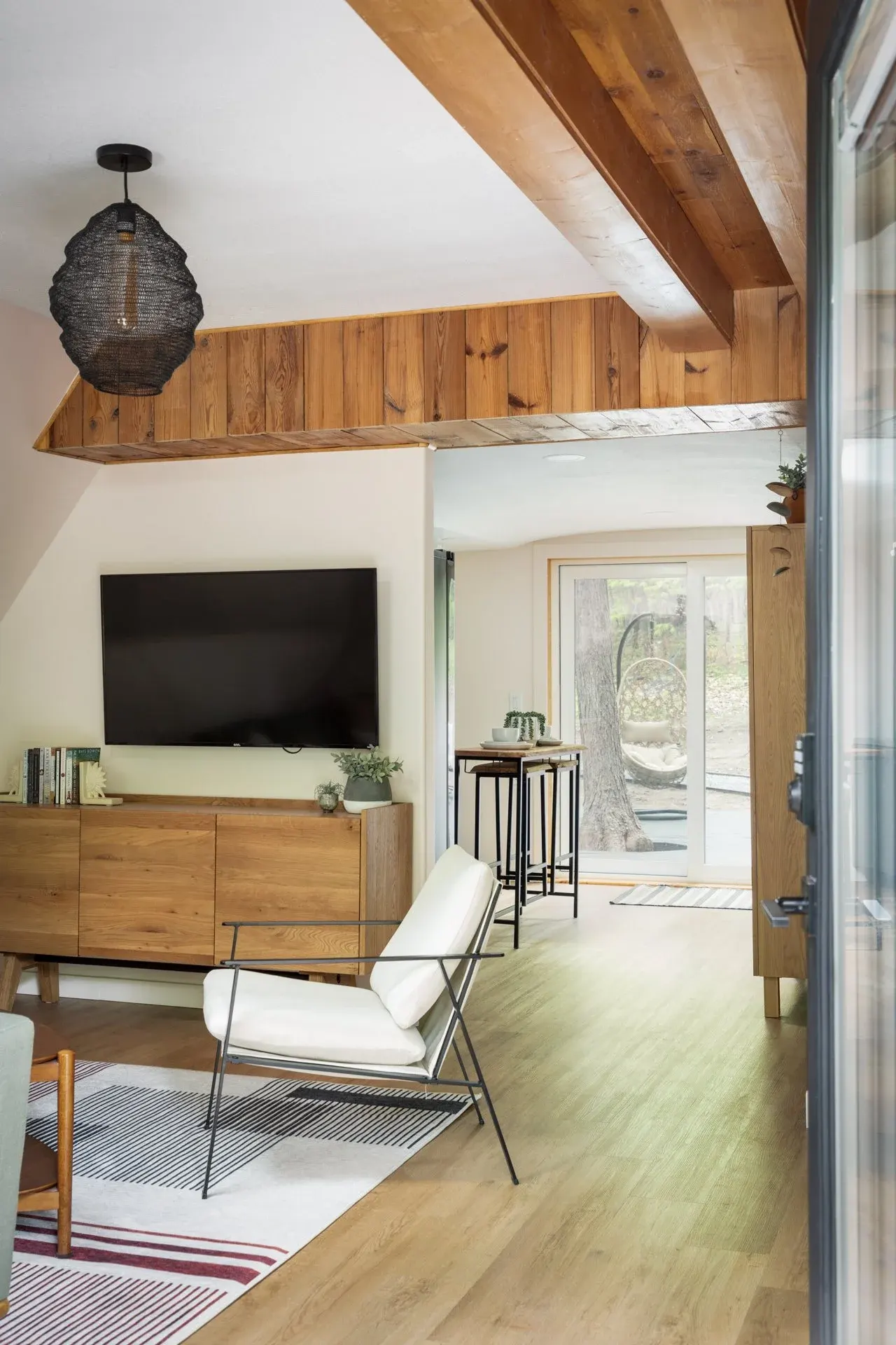 Beautifully styled interior space at Roost A-Frame in Lake Ann, Michigan
