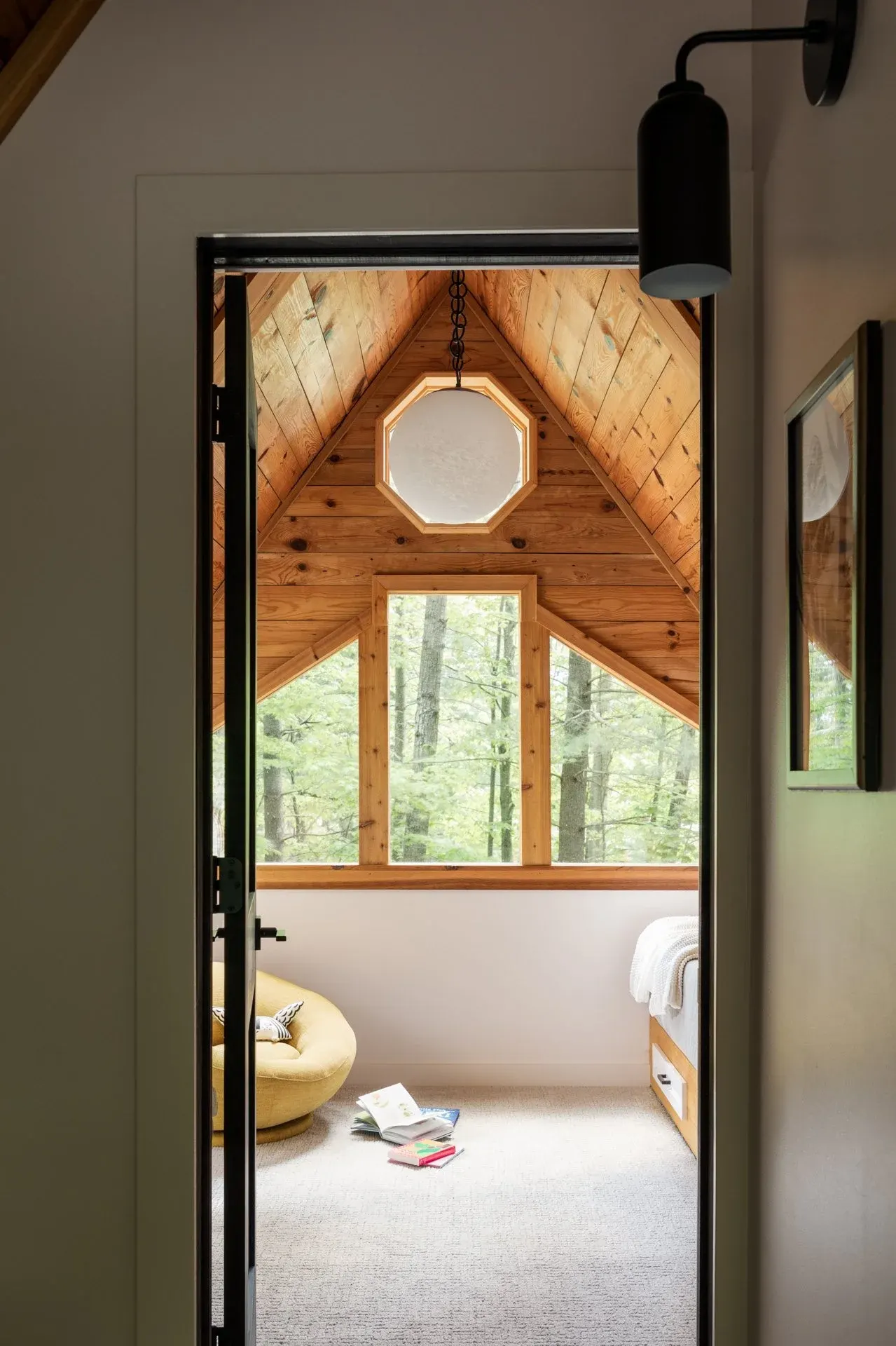 Beautifully styled interior space at Roost A-Frame in Lake Ann, Michigan