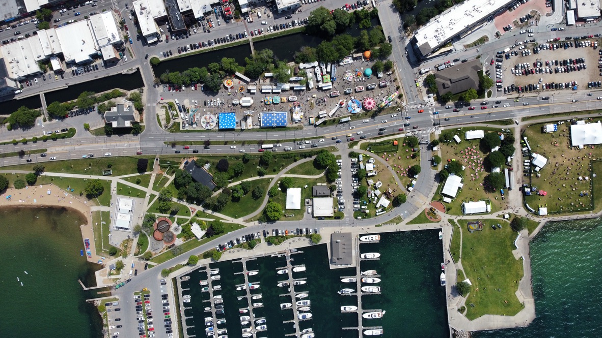 Aerial view of the downtown Traverse City waterfront and marina on West Grand Traverse Bay in summer