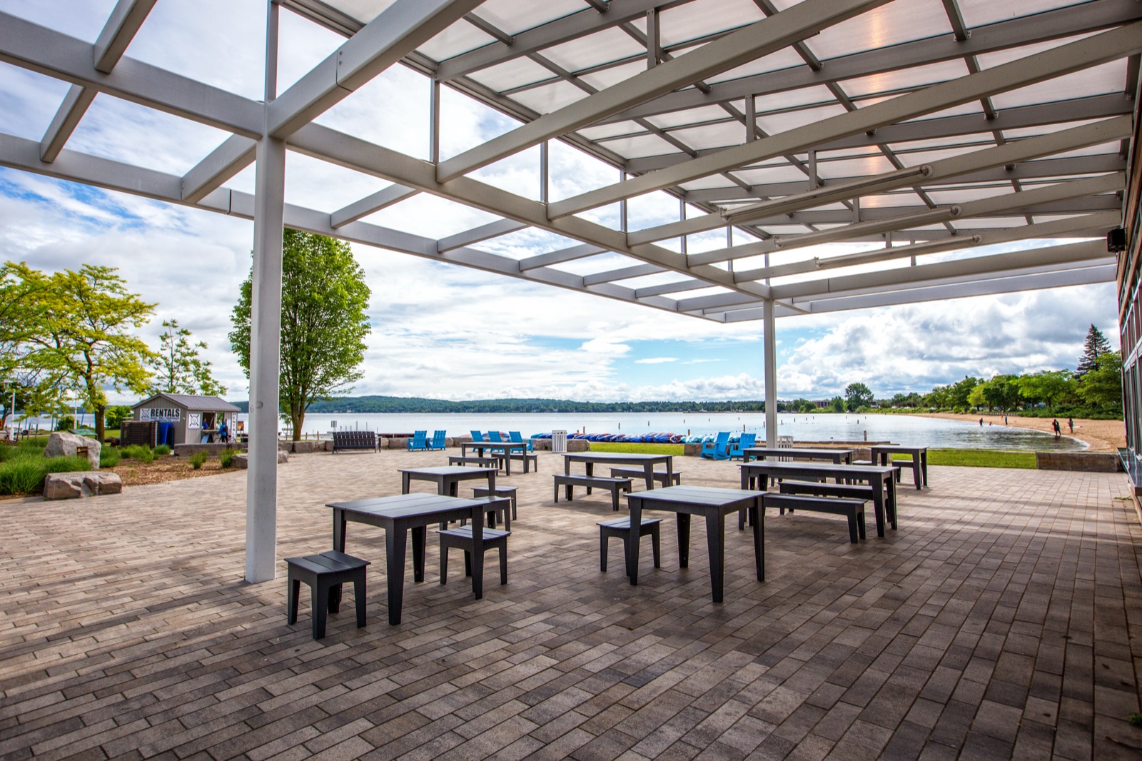 The pavilion and beach at Clinch Park on West Grand Traverse Bay at the foot of downtown Traverse City