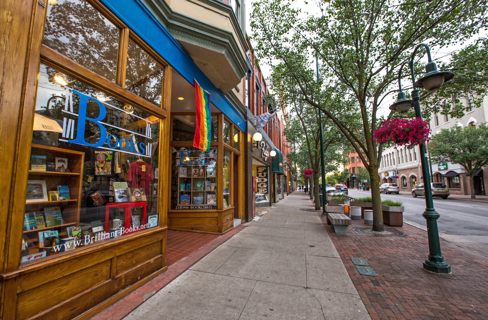 Historic storefronts and tree-lined sidewalks along Front Street in downtown Traverse City